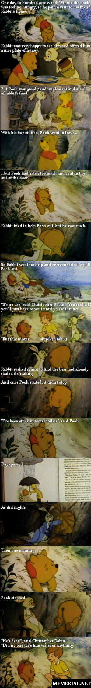 One day in hundred acre wood, Winnie the pooh was feeling hungry, so he paid a visit to his friend Rabbit's house. Rabbit was very happy to see him and offered him a nice plate of honey.