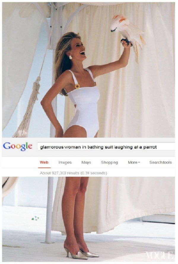 glamorous woman in bathing suit laughing at a parrot