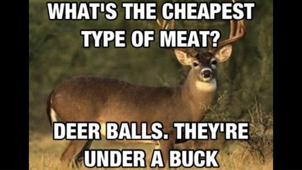 WHAT'S THE CHEAPEST TYPE OF MEAT?
 DEER BALLS. THEY'RE UNDER A BUCK.