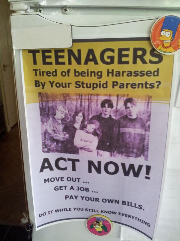 TEENAGERS
 Tired of being harassed by your stupid parents?
 ACT NOW!
 MOVE OUT ...
 GET A JOB ...
 PAY YOUR OWN BILLS.
 DO IT WHILE YOU STILL KNOW EVERYTHING