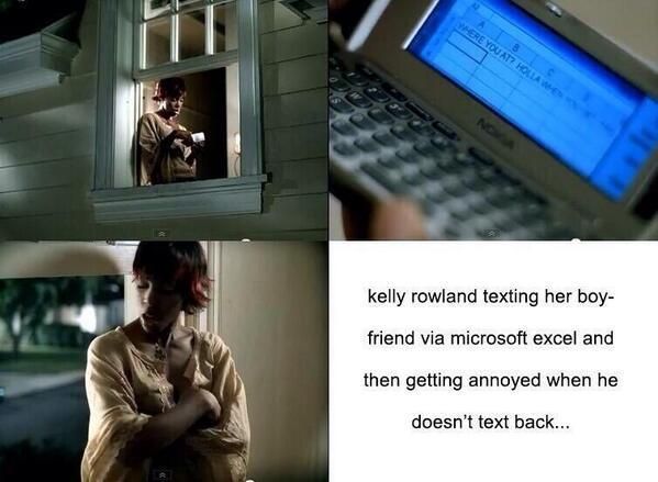 kelly rowland texting her boyfriend via microsoft excel and then getting annoyed when he doesn't text back...