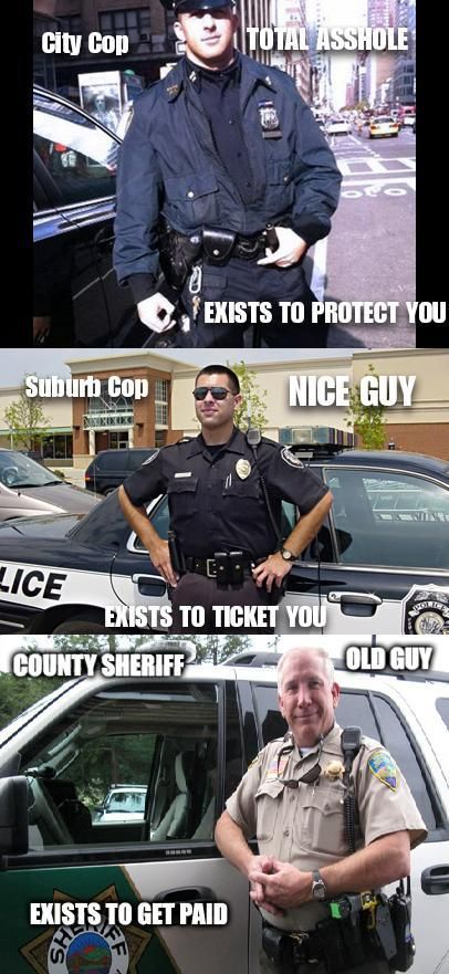City Cop TOTAL ASSHOLE EXISTS TO PROTECT YOU Suburb Cop NICE GUY EXISTS TO TICKET YOU COUNTY SHERIFF OLD GUY EXISTS TO GET PAID