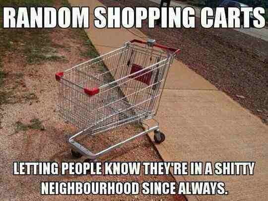 RANDOM SHOPPING CARTS
 LETTING PEOPLE KNOW THEY'RE IN A SHITTY NEIGHBOURHOOD SINCE ALWAYS.