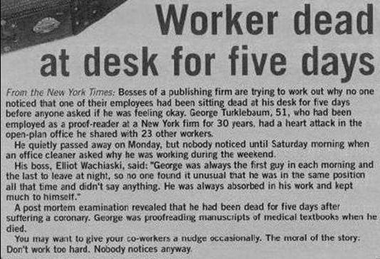 Worker dead at desk for five days