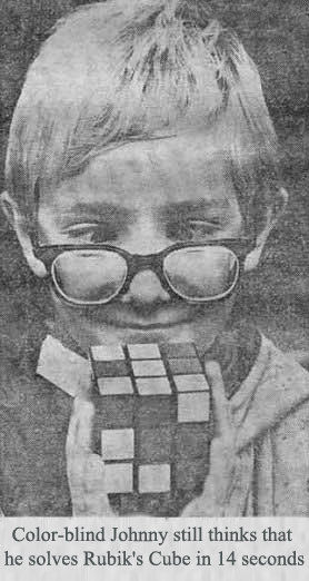 Color-blind Johnny still thinks that he solves Rubik's Cube in 14 seconds