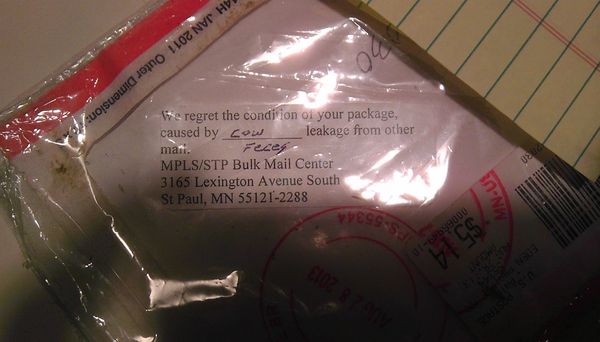 We regret the condition of your package, caused by cow feces leakage from other mail.