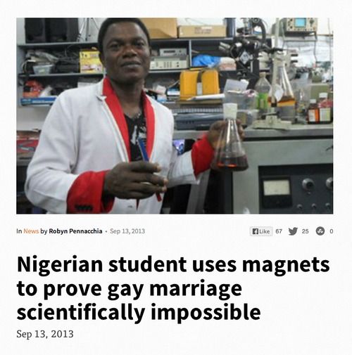 Nigerian student uses magnets to prove gay marriage scientifically impossible