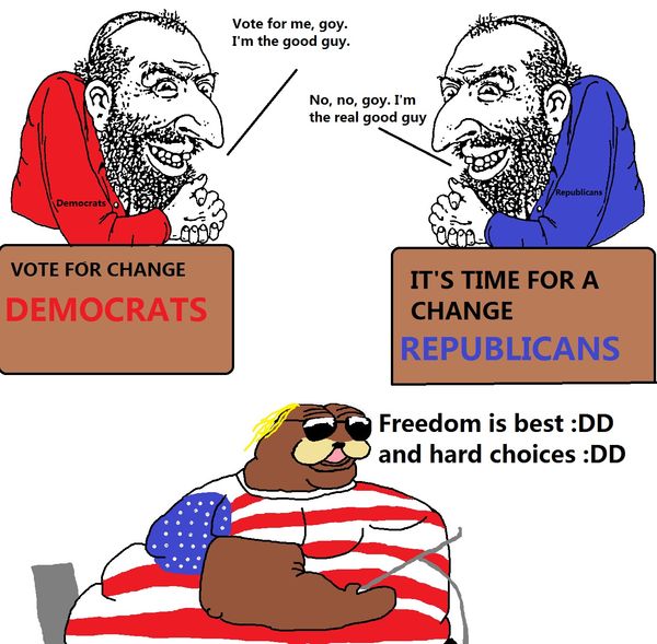 VOTE FOR CHANGE DEMOCRATS Vote for me, goy. I'm the good guy. IT'S TIME FOR A CHANGE REPUBLICANS No, no, goy. I'm the real good guy Freedom is best :DD and hard choices :DD