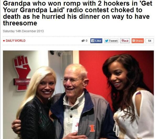 Grandpa who won romp with 2 hookers in 'Get Your Grandpa Laid' radio contest choked to death as he hurried his dinner on way to have threesome