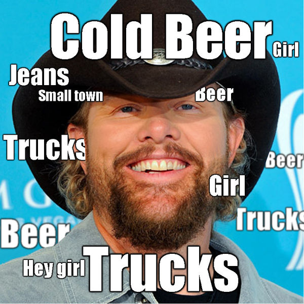 Cold Beer
 Girl
 Jeans
 Small town
 Trucks
 Hey girl