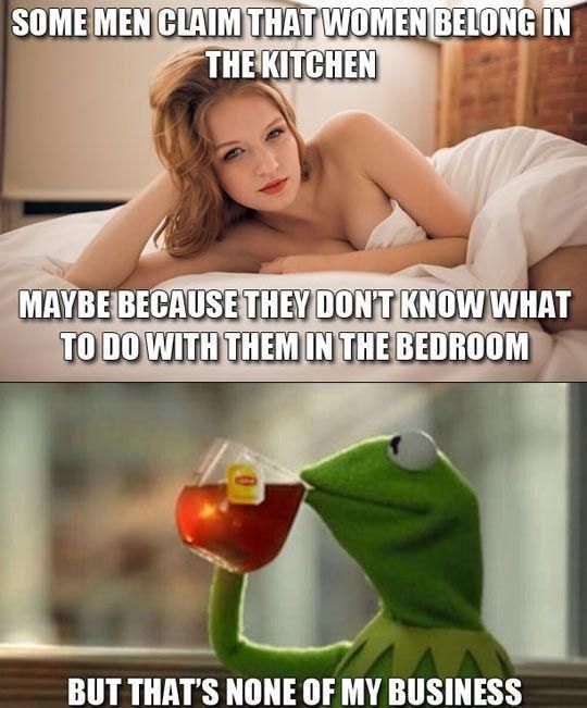 SOME MEN CLAIM THAT WOMEN BELONG IN THE KITCHEN
 MAYBE BECAUSE THEY DON'T KNOW WHAT TO DO WITH THEM IN THE BEDROOM
 BUT THAT'S NONE OF MY BUSINESS