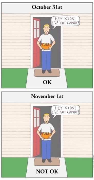 October 31st HEY KIDS! I'VE GOT CANDY! OK November 1st HEY KIDS! I'VE GOT CANDY! NOT OK