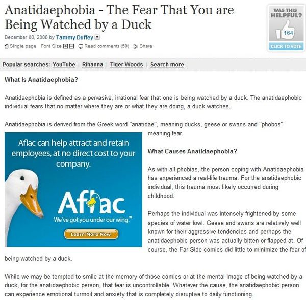Anatidaephobia - The Fear That You are Being Watched by a Duck Aflac can help attract and retain employees, at no direct cost to your company. Aflac We've got you under our wing. Learn More Now